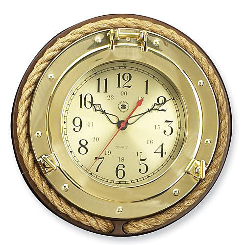 Brass Porthole Clock with Rope - 13".