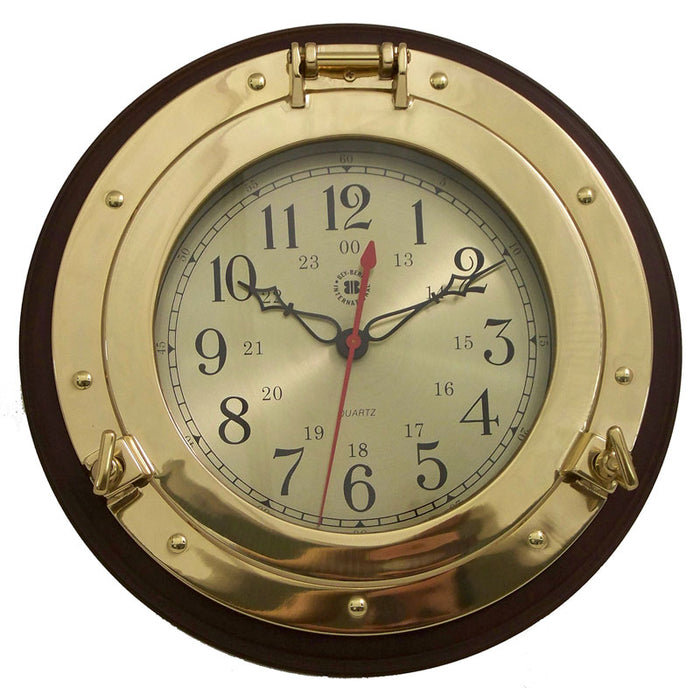 Brass Porthole Clock on Solid Wood - 13".